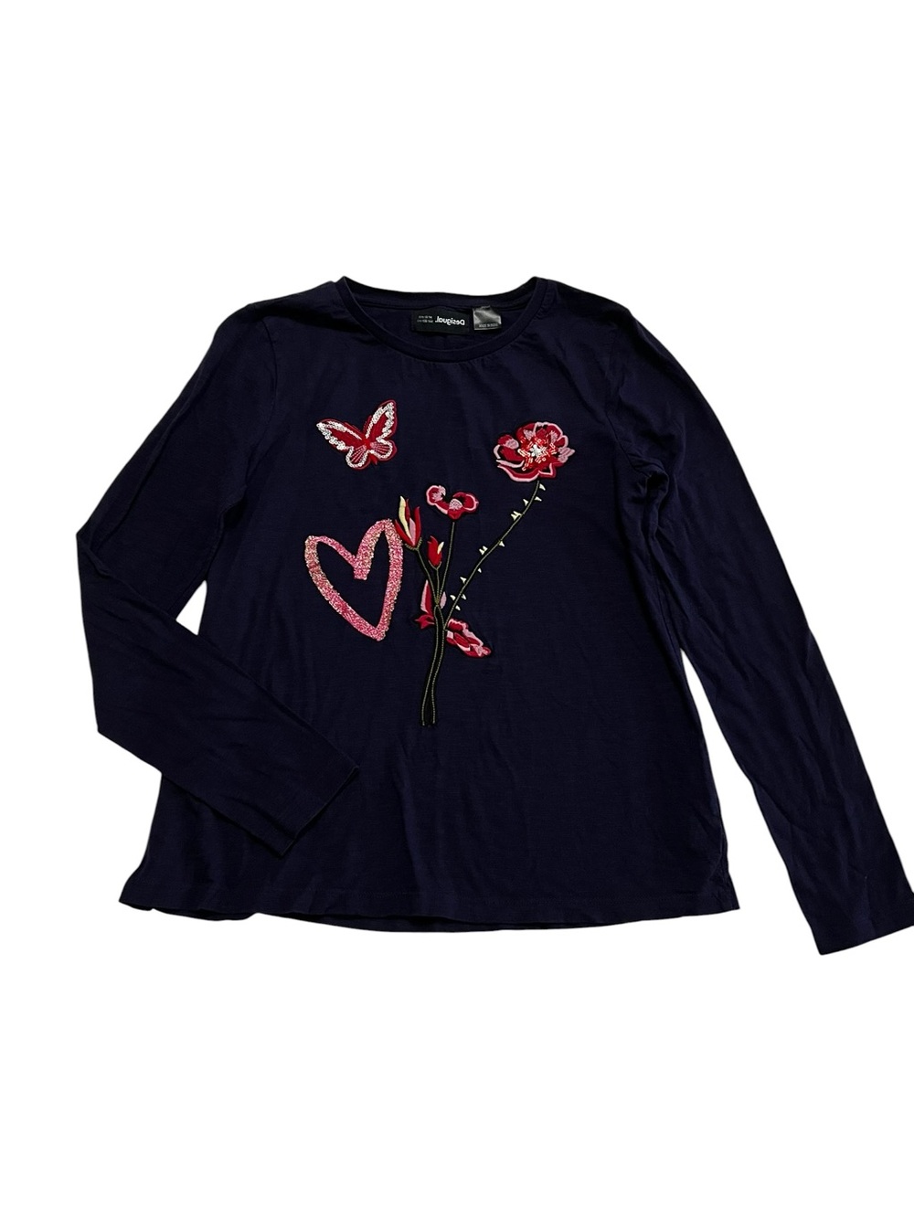 Desigual Navy Long-Sleeve Tee with Pink‎ Floral, Heart & Butterfly Motifs